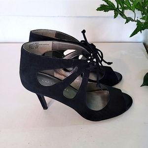 AUDREY BROOKE BLACK SUEDE PEEP TOE HEELS SIZE 7.5